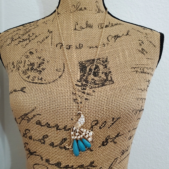Gold tone peacock with faux teal gemstones and clear rhinestones necklace - Picture 4 of 5